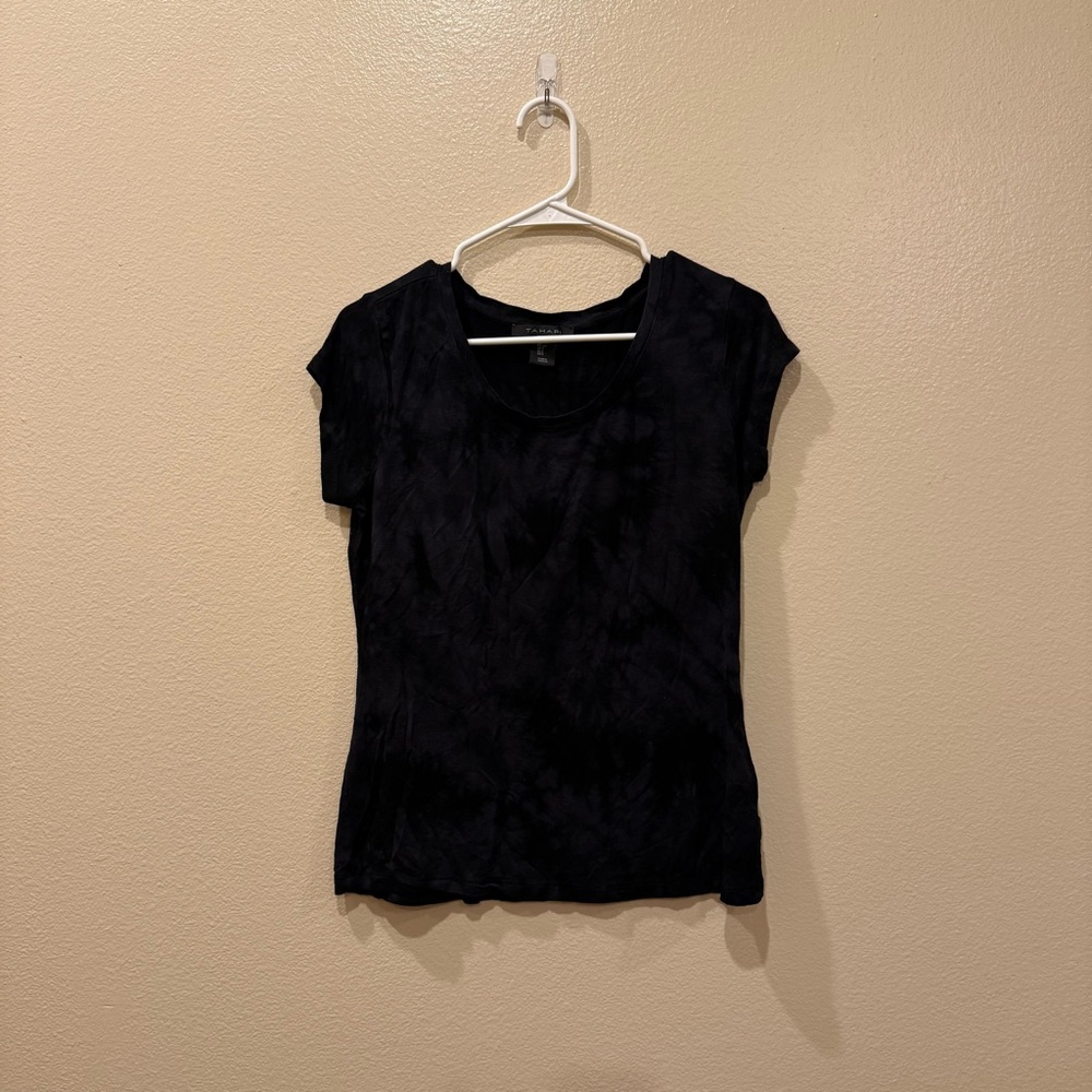 Tahari Black Tie Dye Stretch Rayon Short Sleeve Top Size Small Workwear Classic